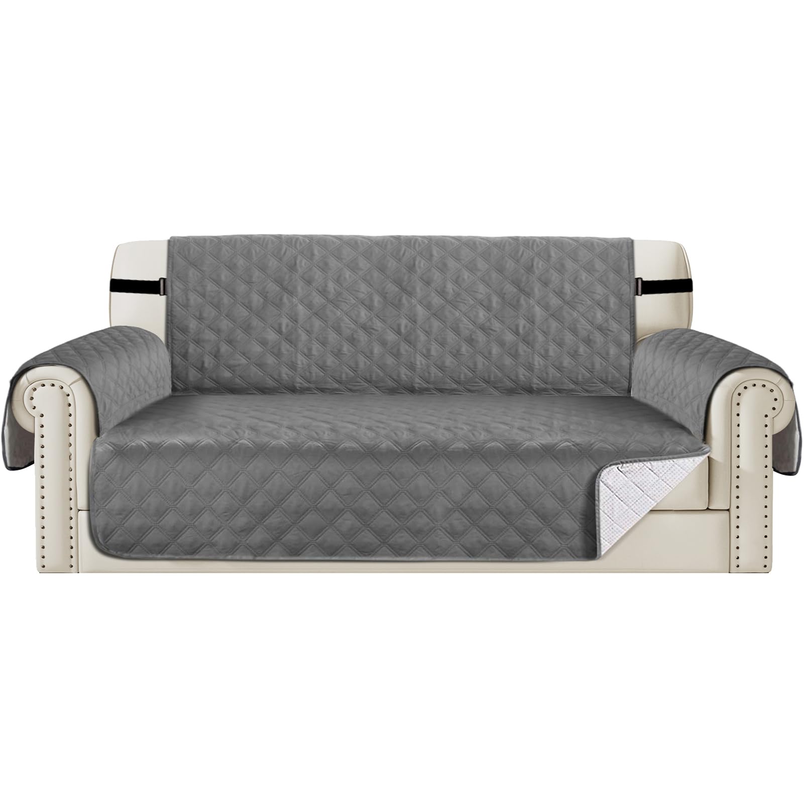 Teynewer Sofa Covers 100% Waterproof 4 Seater Sofa Slipcovers Reversible Washable Furniture Protector, Non-Slip Washable with Adjustable Elastic Straps Couch Settee Covers for Kids, Dogs, Pets, Grey