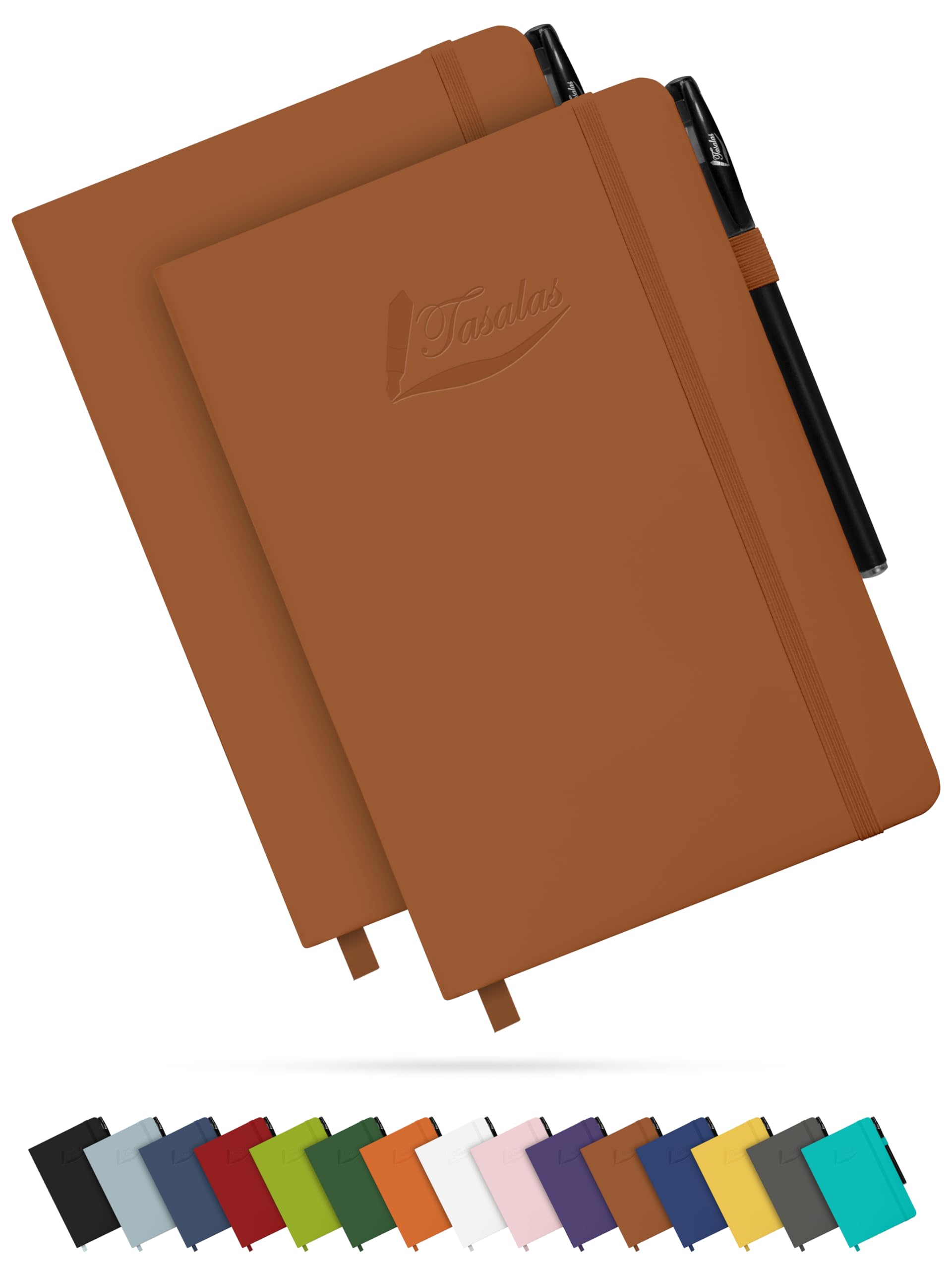 Tasalas A5 Notebooks 2 Pack with Pen - 200 Lined Pages Journal Notepads, 80 GSM, Brown Notebooks A5 with Soft PU Cover, Elastic Loop, Pen Holder, Expandable Pocket - Note Books for Note-Taking