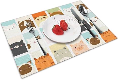 Amazon ランチョンマット 撥水 プレースマット 4枚セット 可愛いネコたちの顔 防汚 断熱 丸洗い 滑り止め お手入れ簡単 家庭用 レストラン用 45x30 Cm ランチョンマット オンライン通販