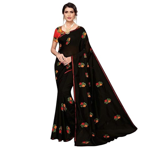 RAJESHWAR FASHION WITH RF Womens Chanderi Cotton Saree With Blouse Piece (BLACK CHANDERI EMB WORK_Gold)