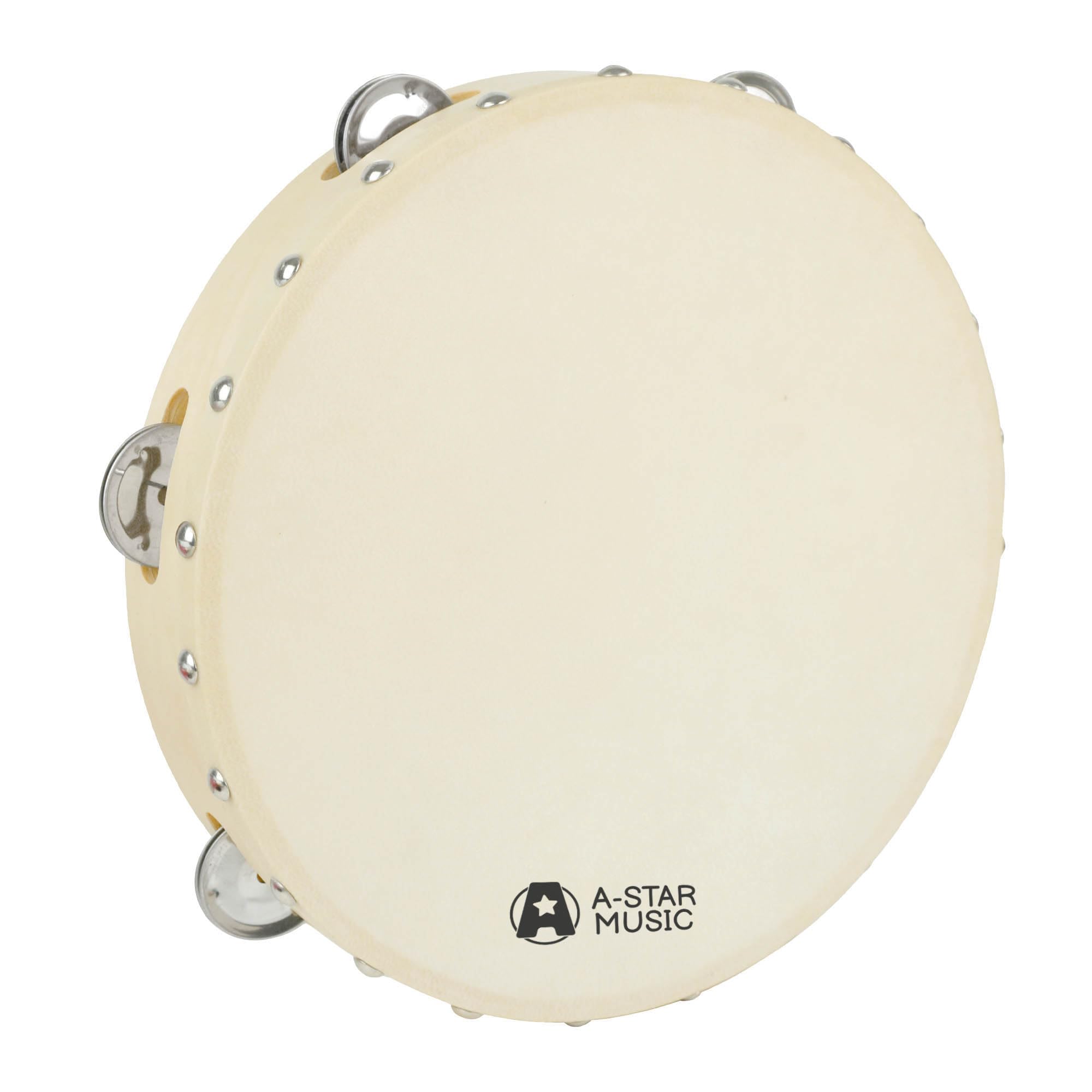 A-Star 10 Inch/25cm Handheld Headed Wooden Tambourine, Traditional Single Metal Jingle Bell Row - Natural Head
