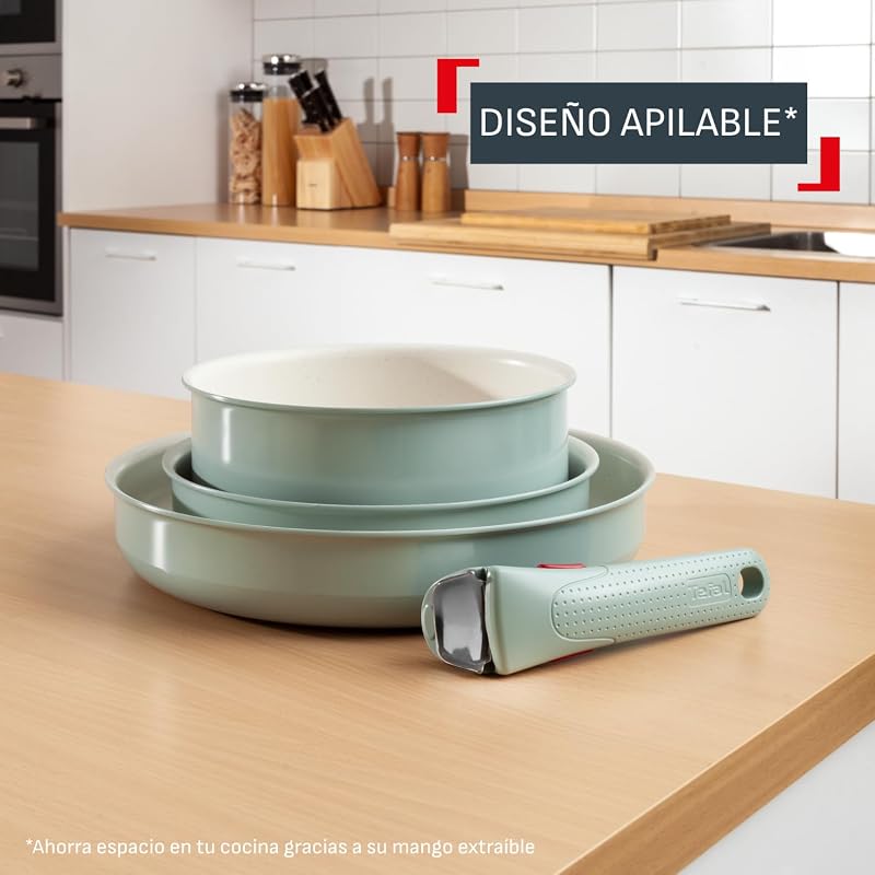 Ingenio Serenity - Conjunto de 2 Tabuleiros 22/28 cm + Panela 20 cm + Pega removível, revestimento antiaderente, Empilhável, Indução, Lavar loiça e forno, Eucalipto