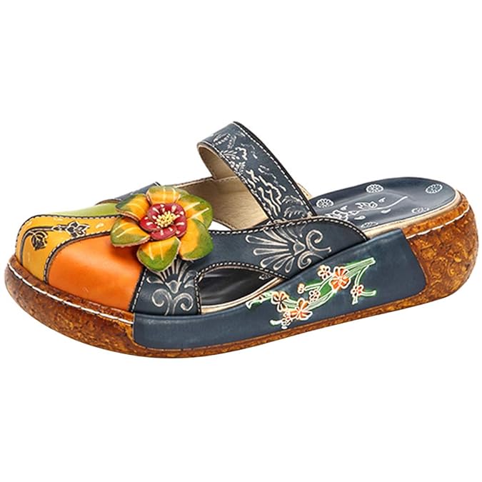 Mallimoda Damen Casual Slipper Vintage Blumen Handgefertigte Leder Sandalen Plattform Pantoffel