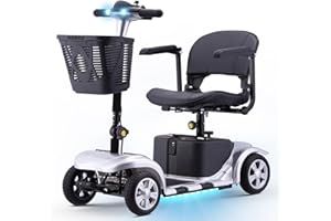 SKRT Mobility Scooter for Adults, Senior, Skmc 4 Wheels Electric Powered Chargeable Device for Travel, Lightweight and Portable, with LED Headlights and Basket, Charger Included, Red/Blue (Silver/Black)