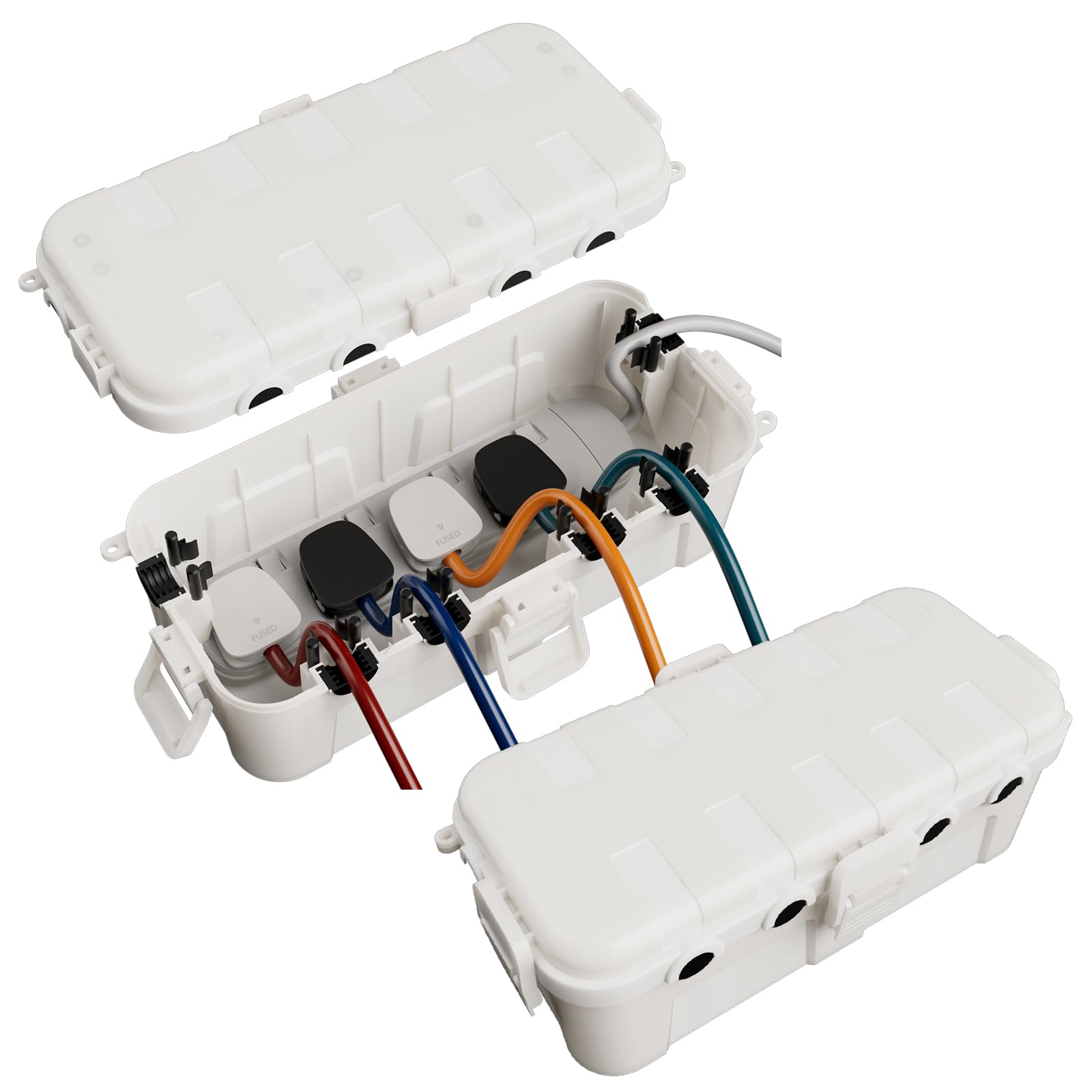 [2 PACK] RESTMO Outdoor Waterproof Box (29 × 13.2 × 10cm), IP54 Weatherproof Electrical Box for Multi Plug Extension Lead, Protect Outlet, Plug, Christmas String Lights from Water, Snow, Dust, White