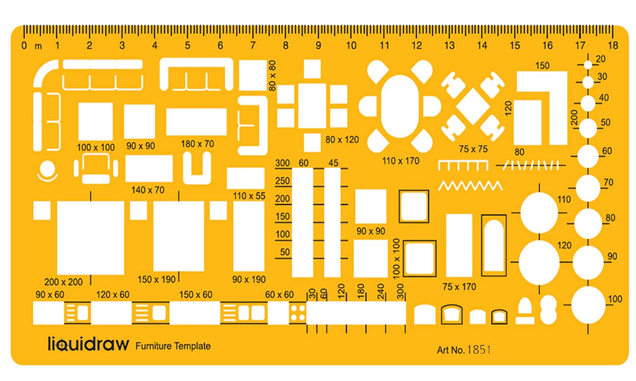 Liquidraw 1:50 Architectural Scale Ruler | House Interior Floor Plan Template | Technical Architect Drafting Tool | Contains Furniture & Fixtures Symbols for Sofas, Chairs, Tables & More | 1.5mm Thick