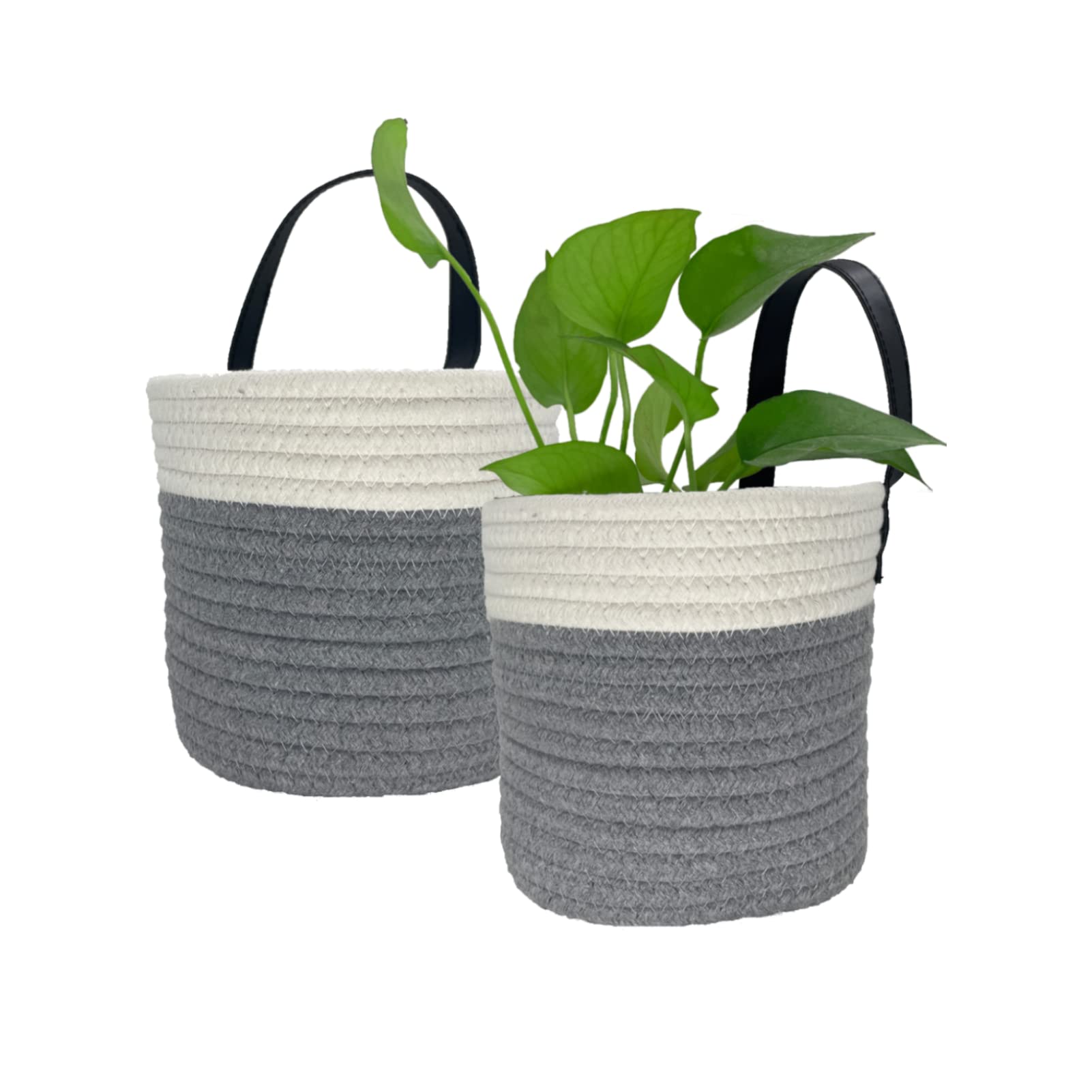 SOQKEEN Small Storage Baskets, 2 Pack 6"(15cm) Cotton Rope Woven Hanging Plant Pots Storage Baskets with Leather Handles for Sunglasses Key, Indoor Plants Flower, Bathroom Accessories (Grey & White)
