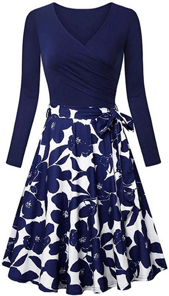 Oliviavan Women's Vintage Elegant Flared Dress, Ladies Long Sleeve V- Neck Dresses