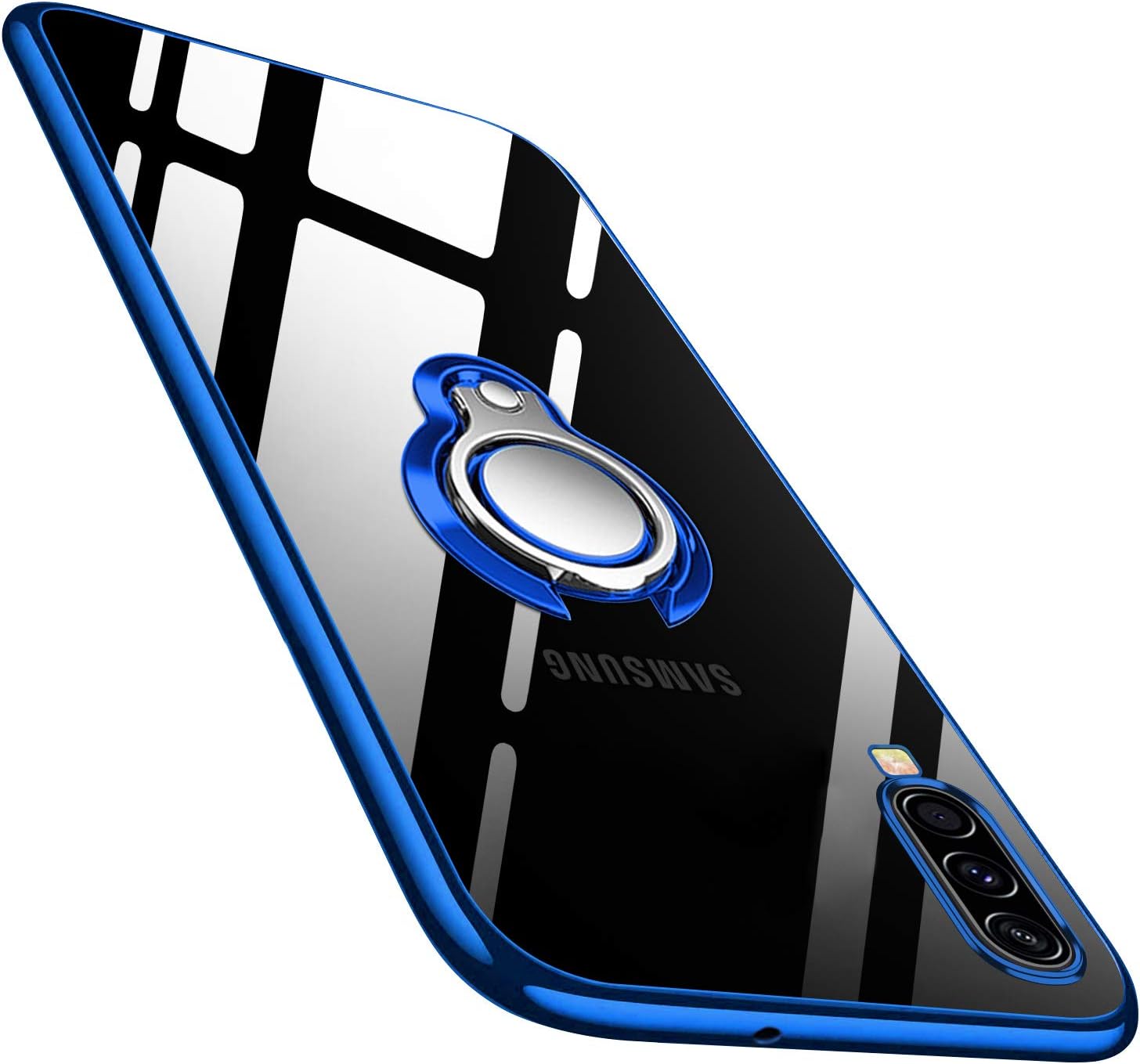 Guuboly Galaxy A70 Case Clear with Design, Soft TPU Silicone Slim Case with 360° Rotatable Ring Kickstand Holder Transparent Flexible Cover for Samsung Galaxy A70 - Blue