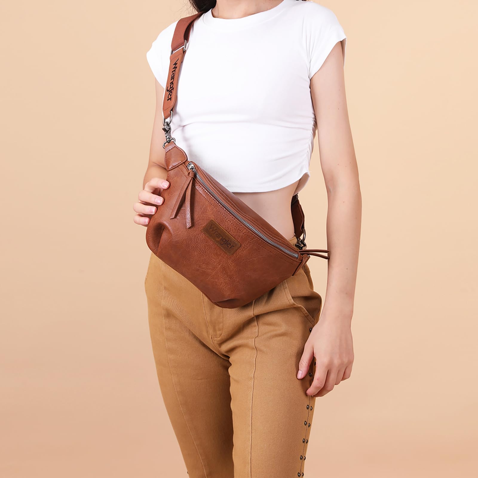 Wrangler Large Fanny Packs for Women Waist Bag Travel Belt Bags Crossbody Sling Purse Brown