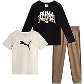 PUMA Toddler Boys Pants Set - 3 Piece Short Sleeve T-Shirt, Long Sleeve T-Shirt and Tricot Pants - Boys Activewear Set, 2T-7