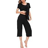 LazyCozy Womens Pajama Sets Viscose from Bamboo Pj Set Short Sleeve Top with Capri Pants Sleepwear 2 Piece Lounge Set