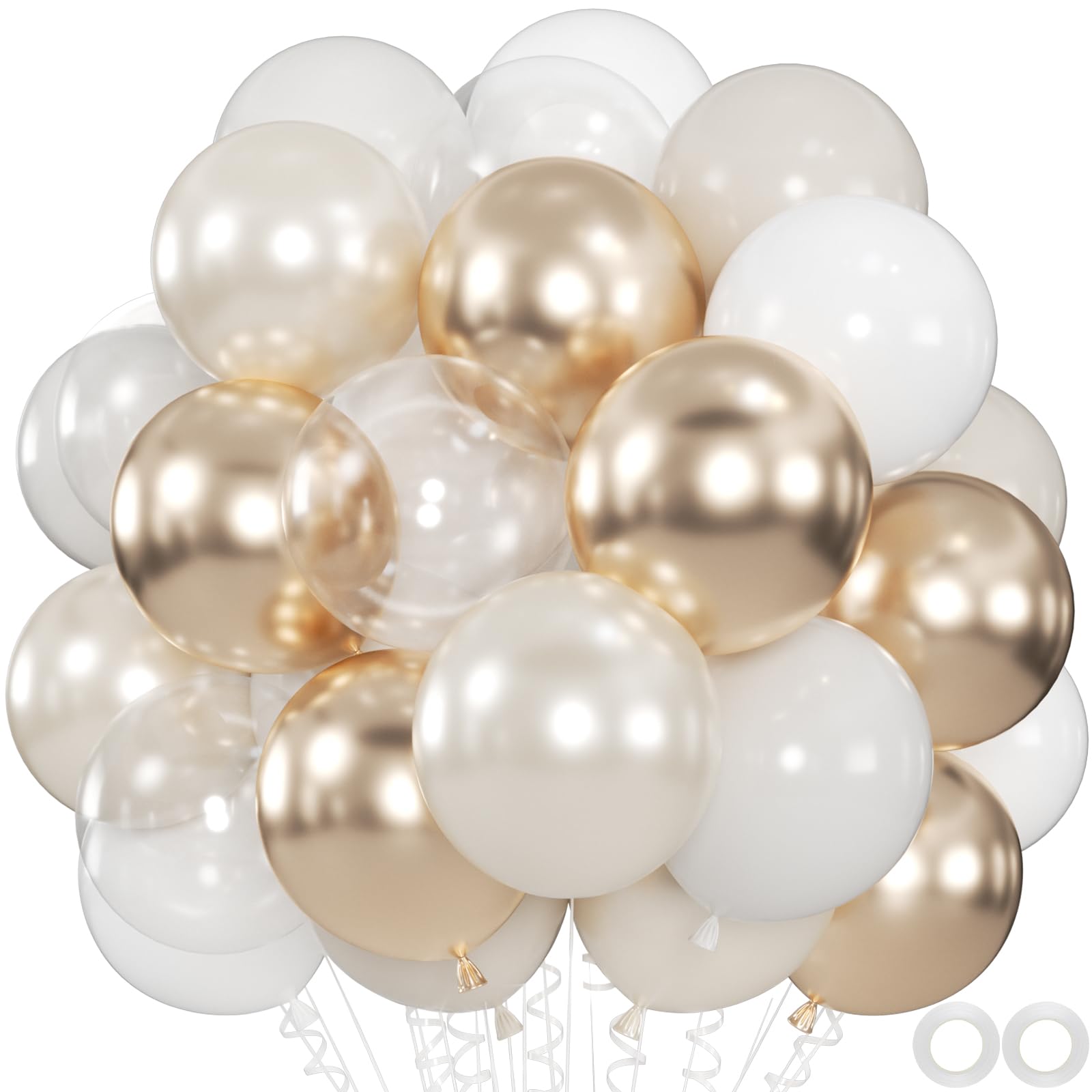 Photo 1 of 100pcs White and Gold Balloons - 12inch Sand White Metallic Champagne Gold Nude Pearl White & Clear Balloon for Baby showers, Wedding, Bachelorette, Graduation (with 66ft Ribbons)