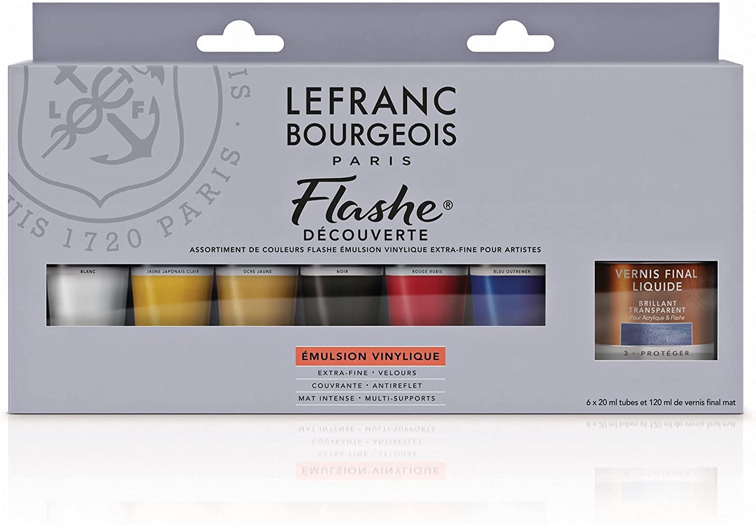 Lefranc Bourgeois Acrylic Flashe – Assortment of 6 Tubes of 20 ml + Matte Finish Paint 120 ml
