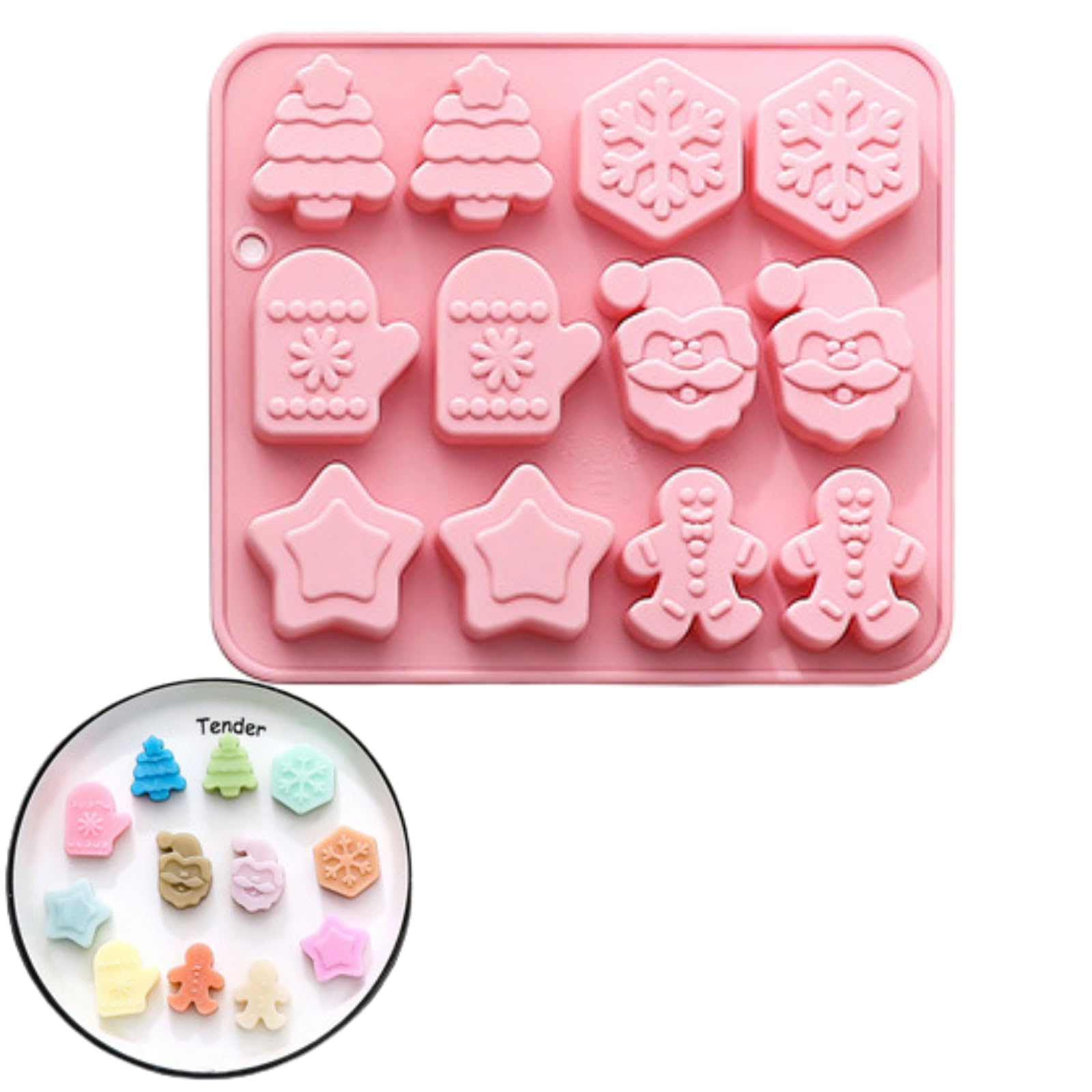 PTaizjjz Christmas Silicone Mold, 12 Cavities Christmas Tree, Snowflake, Gloves, Five-Pointed Star and Gingerbread Man Shapes Baking Mould Chocolate Candy Soap Moulds for Xmas Cake Decoration