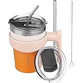 ARRKYOER Travel Tumbler with Handle and Lid Straw, 10oz Insulated Cup Coffee Mug, Stainless Steel Vacuum Reusable Tumbler for Water,Iced Tea or Coffee,Coral