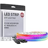 BTF-LIGHTING FCOB COB WS2812B IC RGB LED Strip DC5V 3.2FT 160LED 5mm IP30 | Individual Addressable UL Listed Dream Color High Density Tape Light For Decor(No Adapter or Controller)
