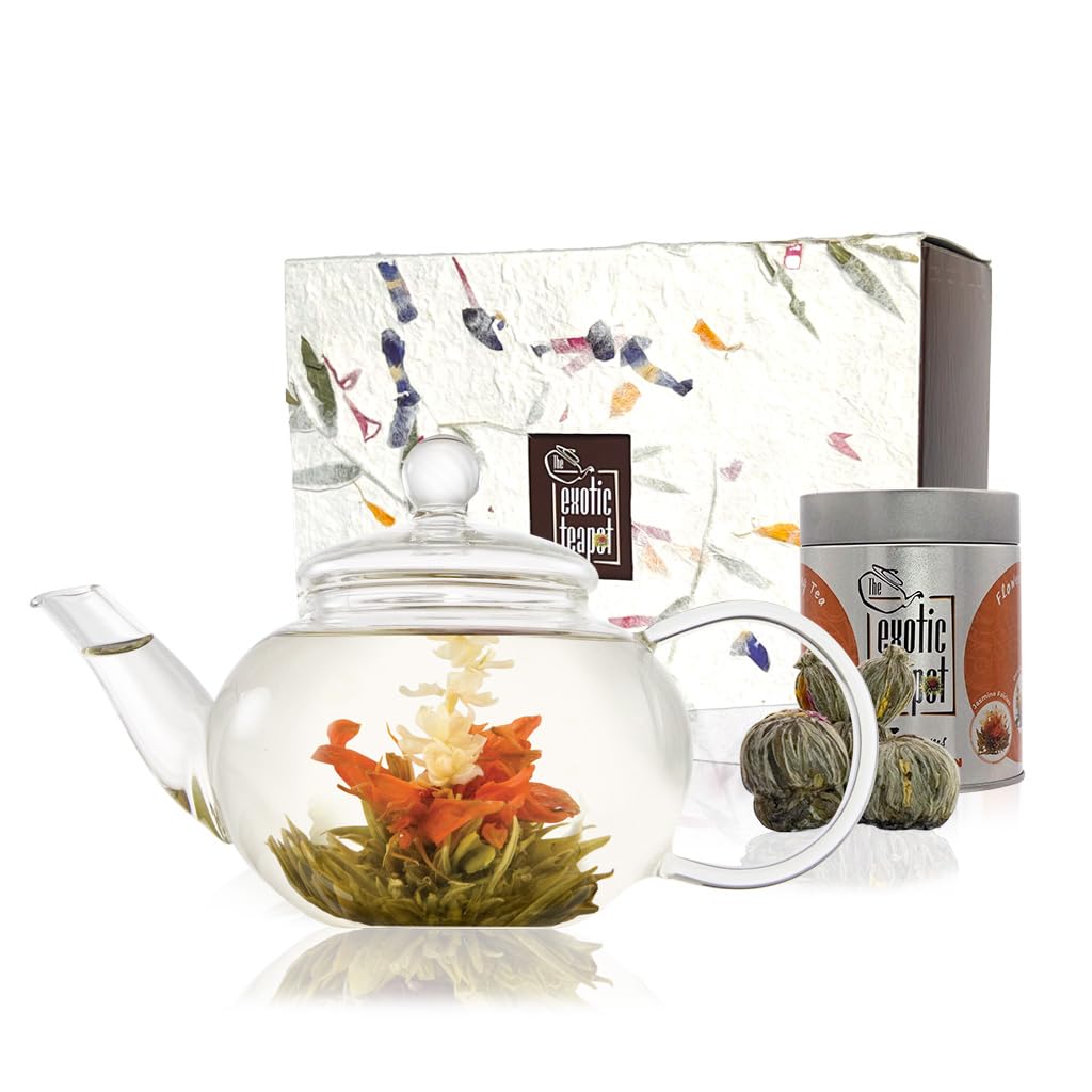 The Exotic Teapot - Classic Flowering Tea Gift Set, Glass Teapot (600ml), Sampler Tin of 5 Blooming Teas, Handmade Gift Box