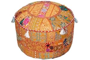 Aakriti Gallery Indian Pouf Footstool Ethnic Embroidered Pouf Cover, Indian Cotton Round Pouffe Ottoman Pouf Cover Pillow Ethnic Decor Art - Cover Only (Orange, 18x13)