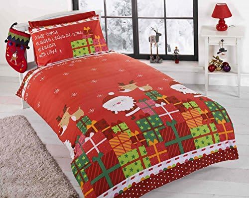 Christmas Presents Kids Xmas Santa Claus Quilt Duvet Cover and 2 Pillowcase Bedding Bed Set, Multi-Colour, Double