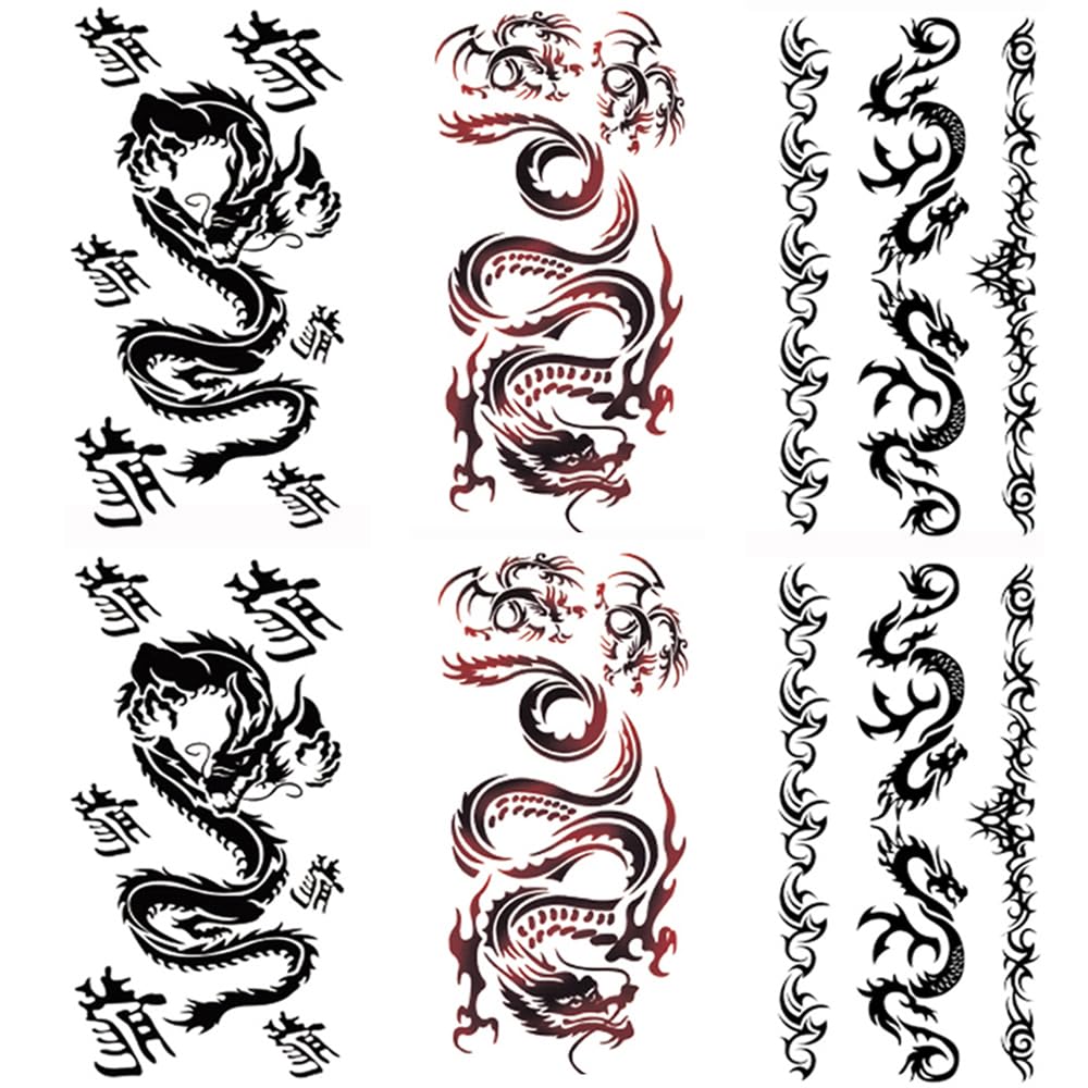 Yesallwas Temporary Tattoo Dragon for Men,Teens Guys,Kids Boys(6 Sheets), Waterproof Long Lasting Fake Tattoos Stickers for Arms Shoulders Chest & Back- Biker Tattoos 9cmx19cm/3.54x7.48inches(LxW)