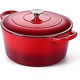 P&P CHEF 6QT Enameled Dutch Oven, Cast Iron Dutch Oven Pot with Lid for Bread Baking, Enameled Casserole Pot for Roasting Braising Stewing Frying Simmering, Various Stoves & Easy Clean, Red