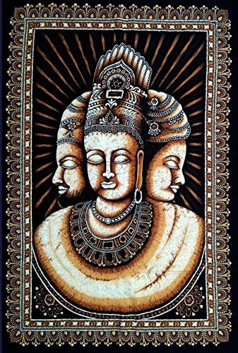 Lord Brahma Vishnu & Shiva Indian Trinity batik wall hanging trimurti tapestry 41" X 31" brown