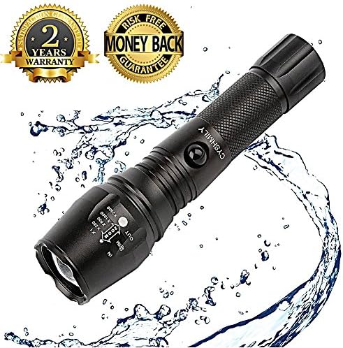 Rechargeable Tactical Flashlight CYSHMILY LED High Lumens Flash Light with Battery Bright Waterproof Adjustable 5 Modes XML-T6 Taclight for Outdoors