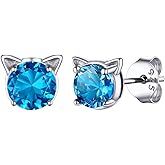 925 Sterling Silver Cute Cat Stud Earrings, Adorned Gorgeous Birthstone, Cubic Zirconia Womens Cat Jewelry, Come with Box