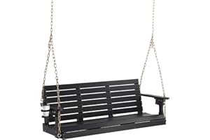 VINGLI Heavy Duty 1600 LBS HDPE Porch Swing Outdoor with Rotatable Cup Holder, 5 FT Patio Bench Swing with Adjustable Chains, 3 Person Hanging Porch Swing Chair for Porch, Yard, Tree, Garden - Black