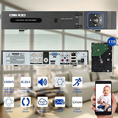 OWSOO 4CH Full 1080N(9601080) AHD DVR HVR NVR H.264 HDMI P2P Cloud Network DVR Digital Video Recorder with 3.5'' Inch 1TB HDD