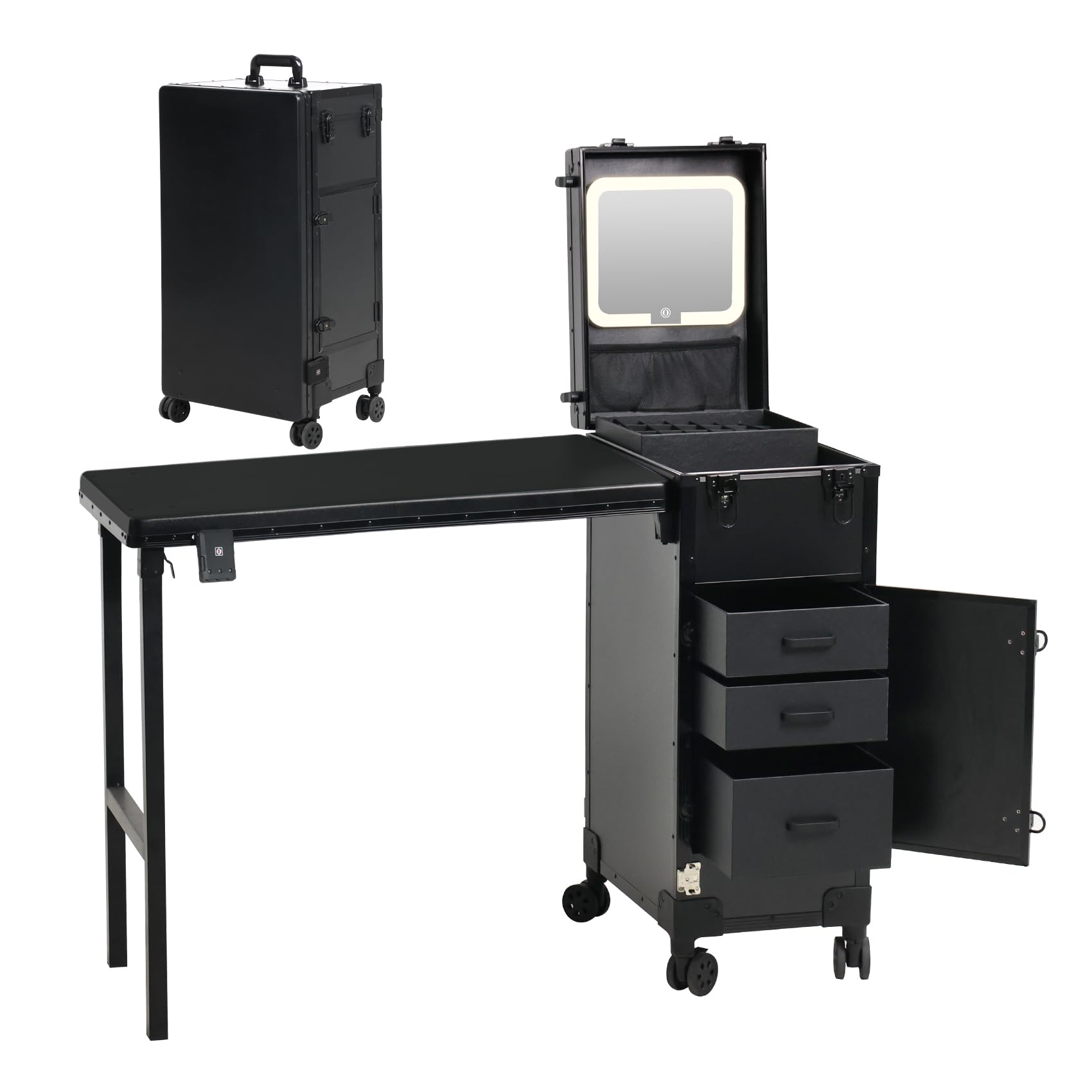Photo 1 of ***FACTORY SEALED*** Rolling Portable Manicure Table with 3 Drawers, Lockable Makeup Train Case with Detachable Mirror, Foldable Nail Desk with Wheels & Handle, Mesa de Uñas Profesional para Nail Techs & Salon Use, Black