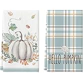 Artoid Mode Blue Watercolor Stripes Hello Pumpkin Fall Kitchen Towels Dish Towels, 18x26 Inch Seasonal Leaves Decoration Hand Towels Set of 2