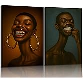 Black Woman & Man Wall Art Empowering African American Pictures Wall Decor Keep Smiling Ladies Poster Afrocentric Smiling Male Portrait painting Canvas Print Artwork for Living Room Bedroom Office