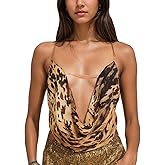 Women Y2k Halter Cheetah Print Deep V Neck Tank Top Sleeveless Body Chain Gold Backless Sexy Crop Top Ruched Low Cut Cami
