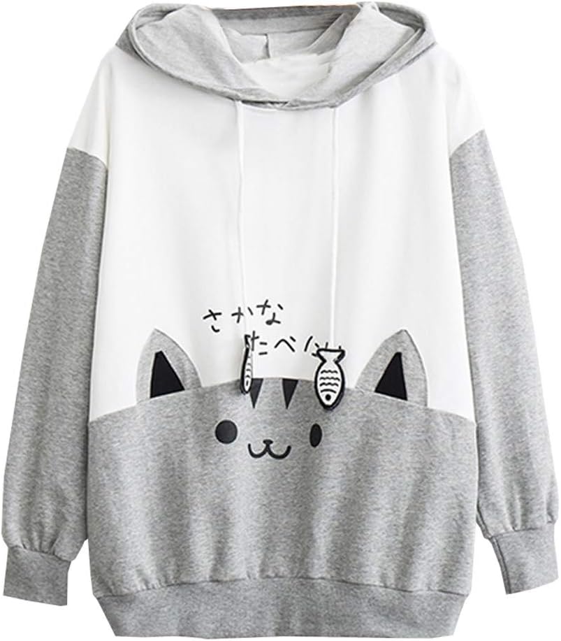 Red Ta Women Casual Cat Letter Print Long Sleeve Hoodie Sweatshirt, Ladies Kawaii Neko Pullover Top Blouse