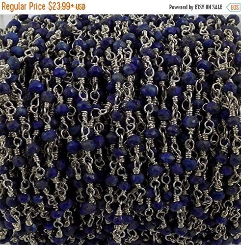 KIRANBEADS - 3 Feet Natural Lapis Lazuli Beaded Chain - 925 Sterling Silver or Silver Plated Wire Wrapped Chain - Faceted Rosary Beaded Chain