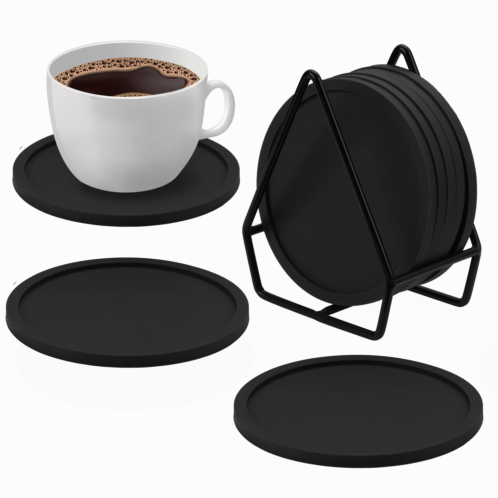 Coptiner Black Coasters Set of 8, Non-Slip Drinks Coasters with Holder Cup Pad Mat Round Silicone Coaster for Coffee Cups Mug Wine Glass Bottle Home and Bar