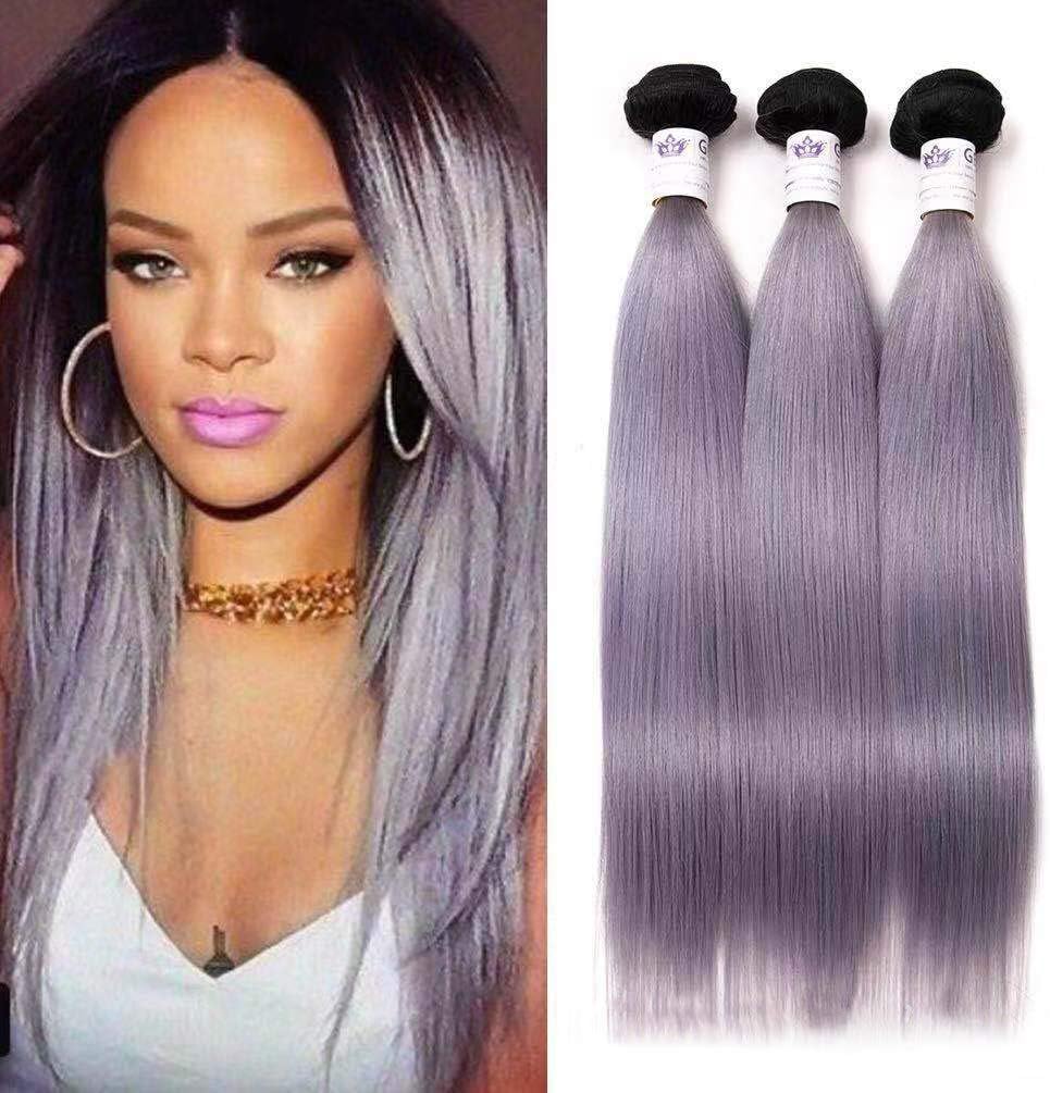 GEFINE Grade 7A Black Grey Hair Weave Two Tone Ombre 1b/Silver Gray Brazilian Human Hair Weaving Straight Virgin Hair Extensions 3 Bundles 8 8 8inch