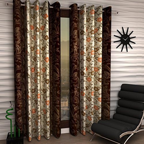 selective Faux Silk Polyester 4 x 5 ft Window Curtains, Floral Brown - Set of 2