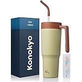 Konokyo Insulated Tumbler with Handle and Straw,40 OZ Vacuum Stainless Steel Water Bottle Travel Mug Metal Cup with Fruit Diffuser,Pistachio