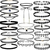 22 PCS Black Choker Necklaces Set Womens Velvet Choker Set Classic with Lace Tattoo Charm Girls Stretch Necklace (Pack of 22)