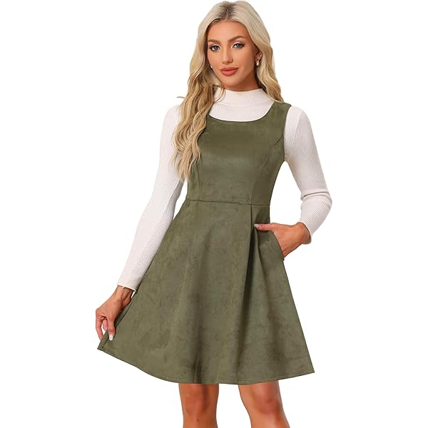 Belle Poque Women's Vintage Suede Pinafore Overall Dress  V-Neck, A-Line  With Pockets (Fall &