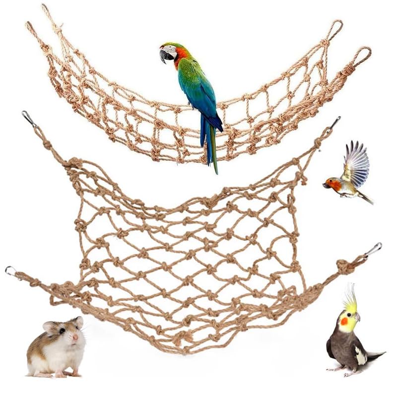 CQJ 2 Packs Natural Bird Rope Net Parrot Swing Hammock for Birds Parrot Ladder Macaw Hanging Hammock Activity Toy for Rats Parakeet Cockatiel Cockatoo Conure African Grey Budgie (M 14x11inch)