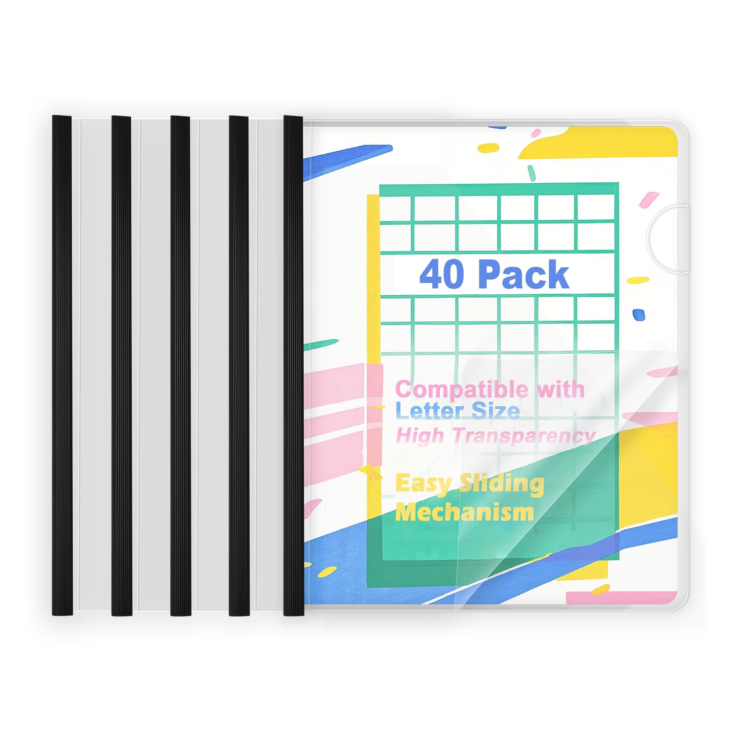 TOTiyea 40 Pack Clear Report Covers with Sliding Bars, 9mm (40 Sheet Capacity) Black Sliding Bar File Folders, for Letter Size