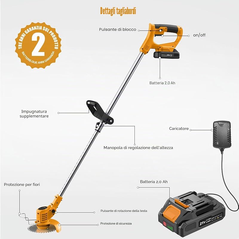 Decespugliatore a Batteria, Tagliabordi a Batteria 21V con 2 Batterie 2.0Ah, Altezza e Angolazione Regolabili, Decespugliatore Per il Taglio di Giardini, Prati e Terreni