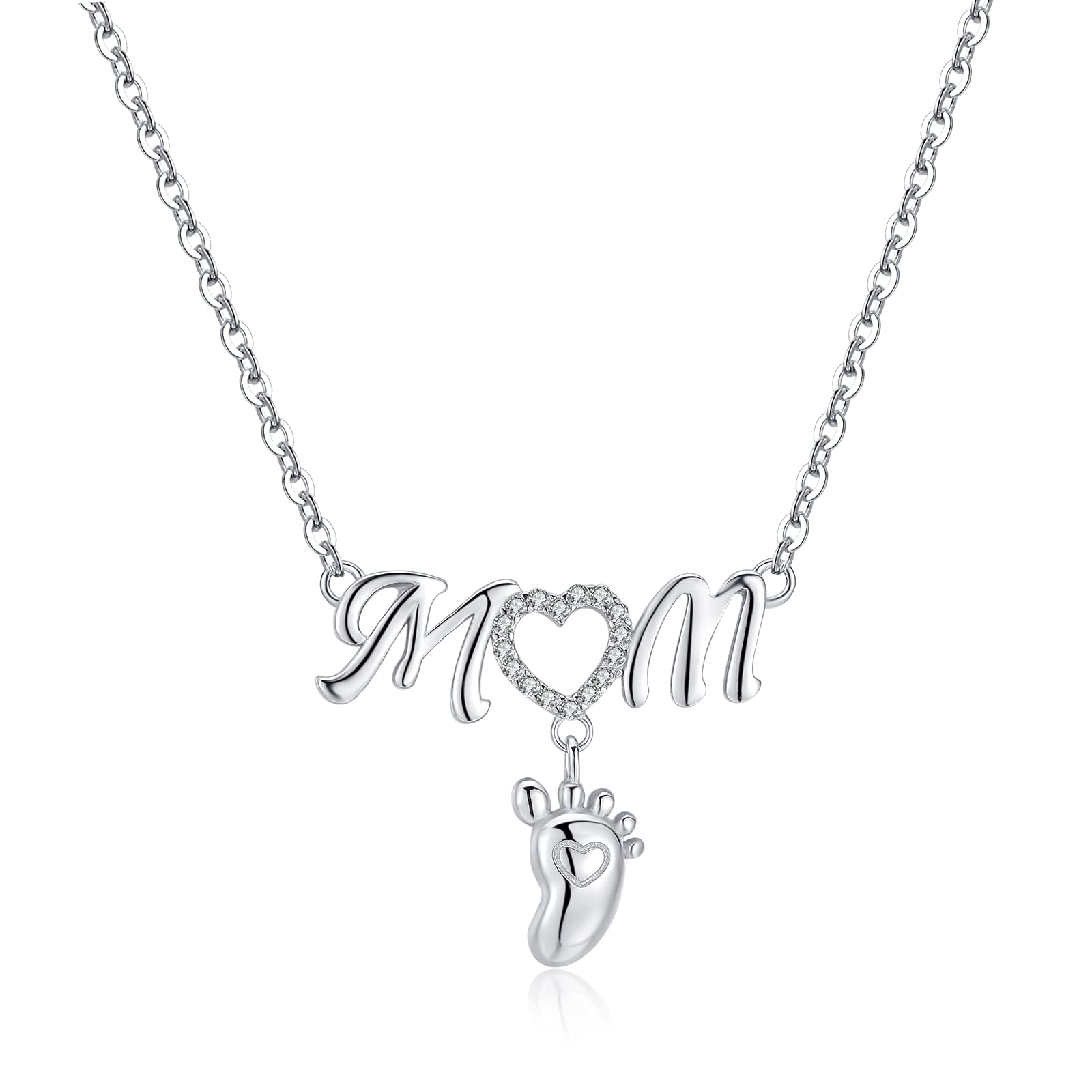 Qings Mother Daughter Necklace Sterling Silver Mom Necklace with Baby Footprint Pendant Heart-Shaped Cubic Zirconia Personalised Mother's Birthday Jewellery Gift for Mama