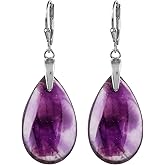 DEVMUKTI Natural Amethyst Gemstones Earrings, 925 Sterling Silver, Dangling Crystal Cabochon Earring, February Birthstone, Amethyst Jewelry, Bridal Handmade Earrings for Women