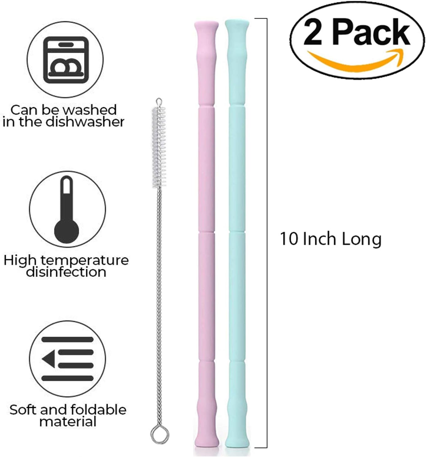 Eco-Friendly Reusable, Premium Silicone Collapsible Straw - Folding, Reusable, and Portable Straws for Kids & Adult - 11 Piece Set (8 inch)