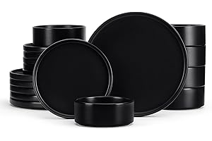 E-far Black Dinnerware Sets for 6, 18-Piece Stoneware Plates and Bowls Dish Set, Modern Dinning Dishware, Chip and Scratch Re